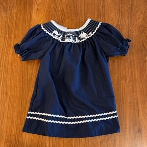 Hand Smocked Nativity Scene Dress Navy with White Trim, 2T